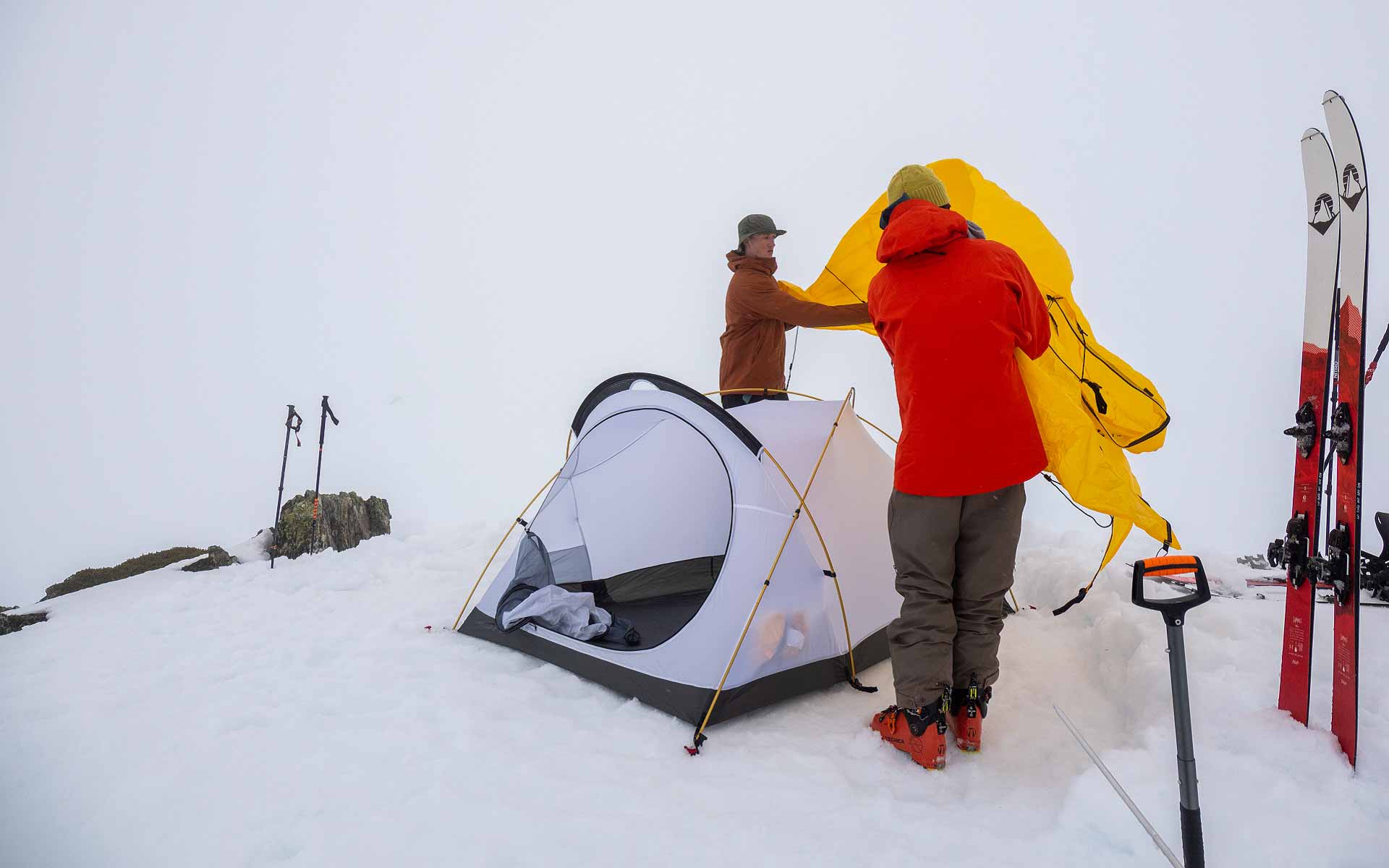 Setting up the tie-down points of the Expedition 2-Person Tent