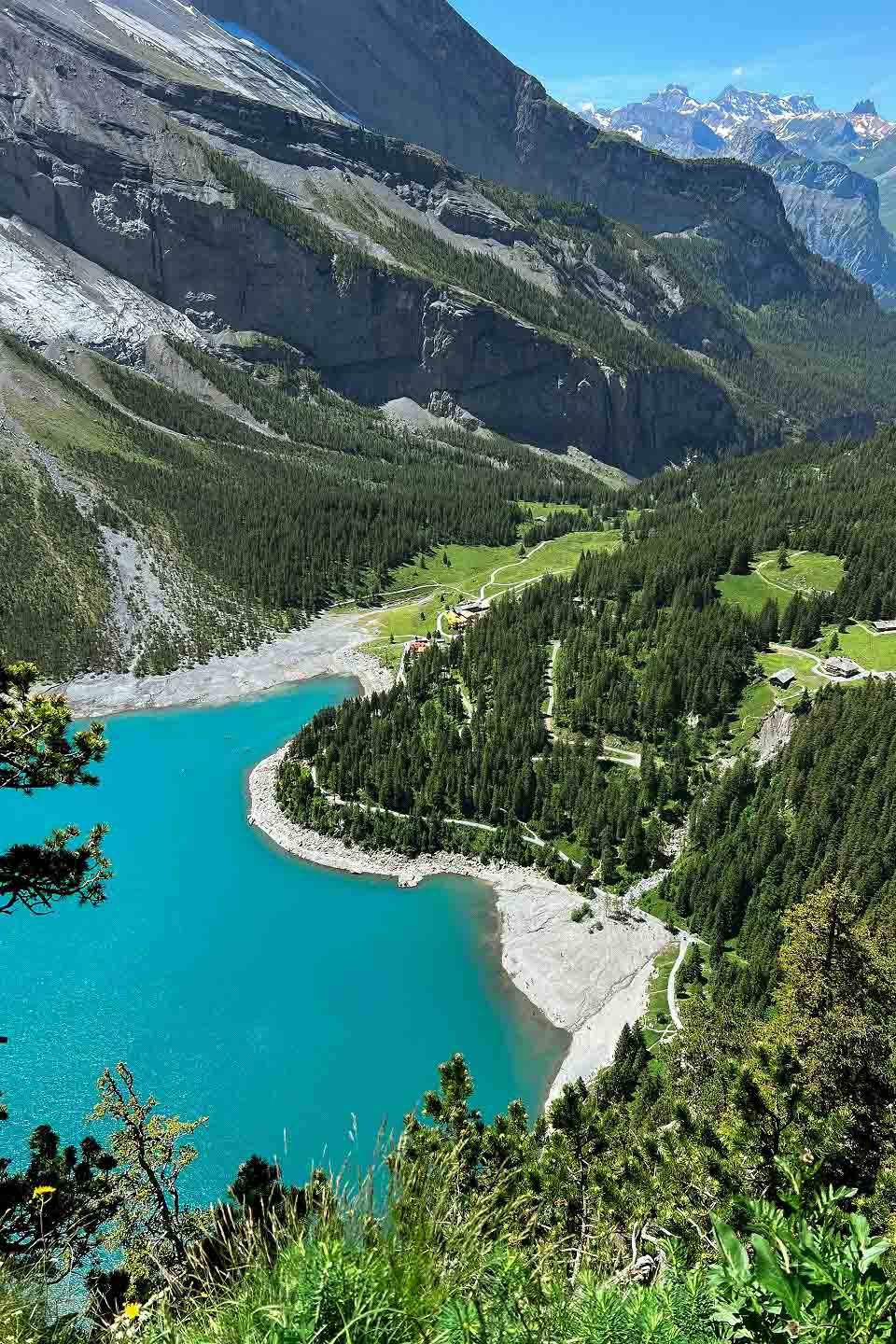 The incredible blue waters of Lake Oeschinen viewed from above