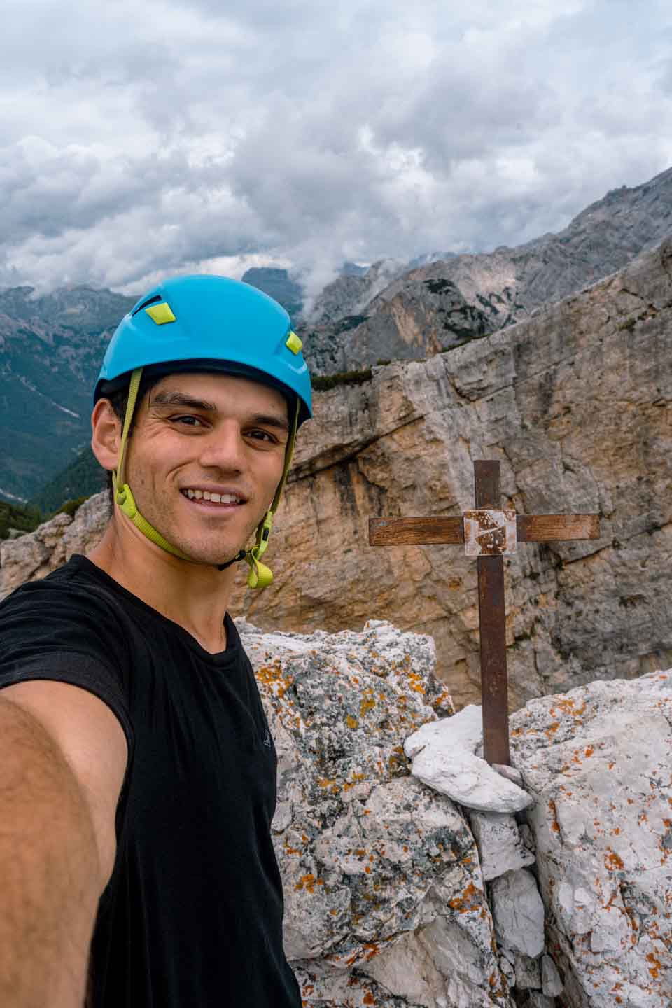 Zach Bostock selfie on steel ladders to the summit